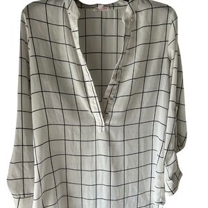 White Plaid Blouse with Large Black Check Pattern – Size Small